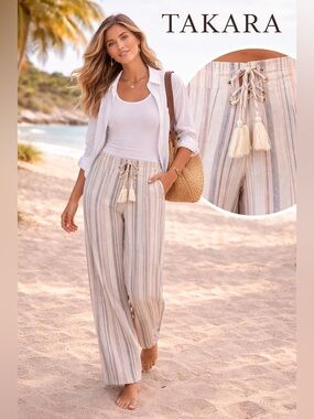 Takara Linen Blend Striped Pants Coastal Lace-Up Waist Wide Leg Boho Chic Size S